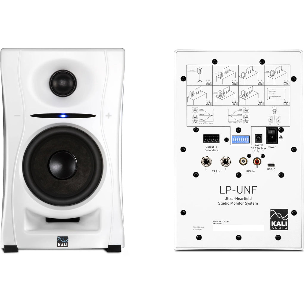 Kali Audio LP-UNF active nearfield monitors with sleek black finish and front controls, ideal for professional studio audio setup.