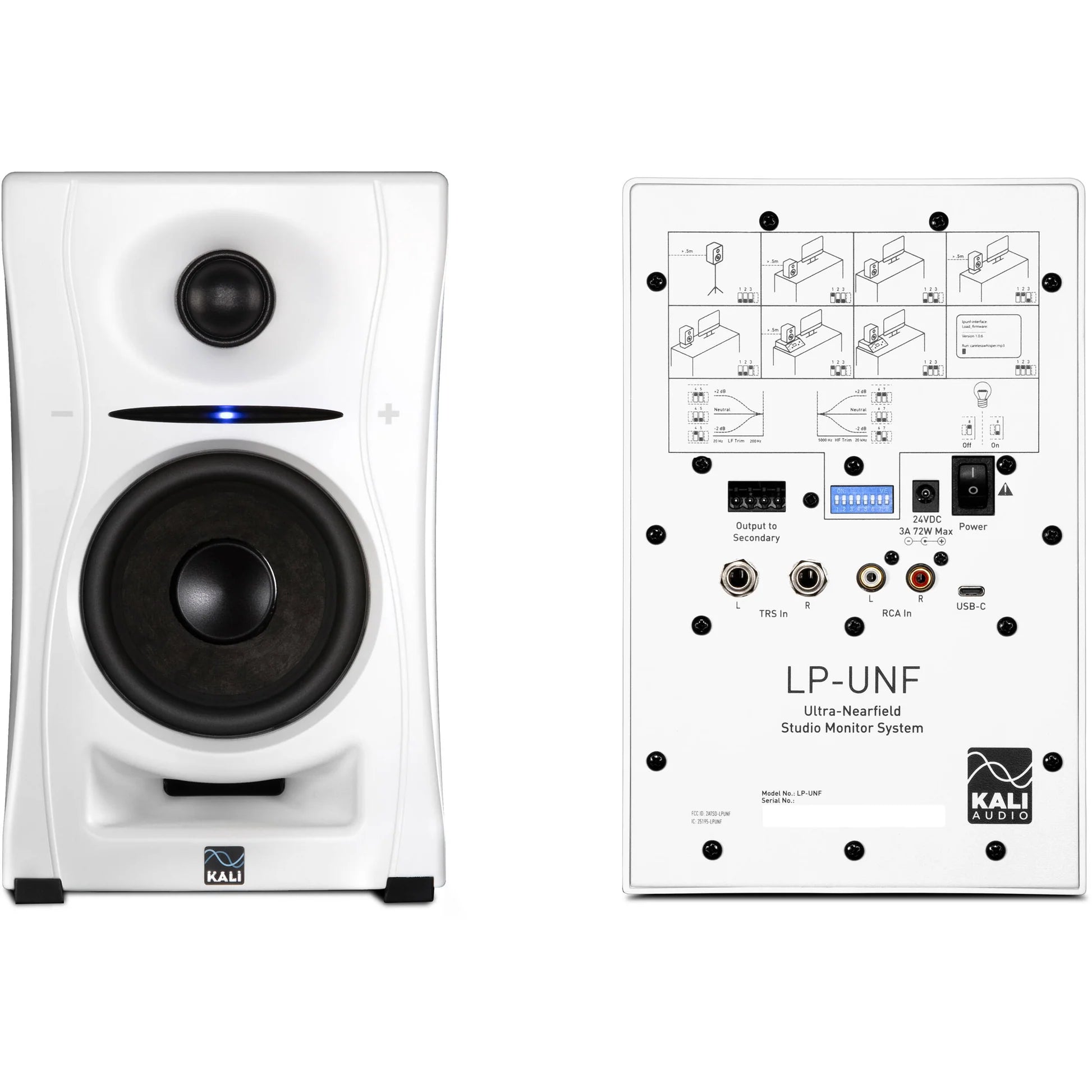 Kali Audio LP-UNF active nearfield monitors with sleek black finish and front controls, ideal for professional studio audio setup.