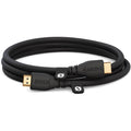 Rode HDMI cable with gold-plated connectors for high-quality audio and video transmission, shown coiled on a white background.