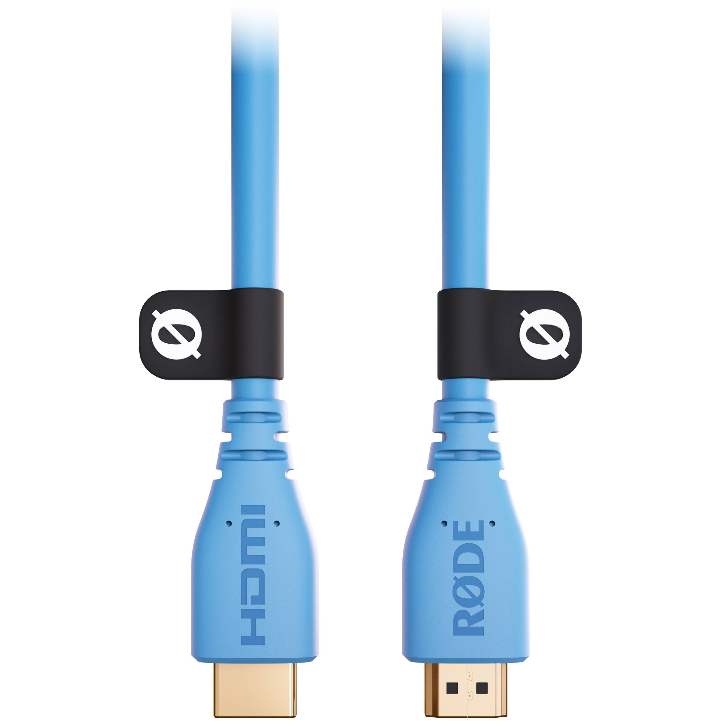 Rode HDMI cable showing gold-plated connectors and flexible black cable for high-quality video and audio transmission.