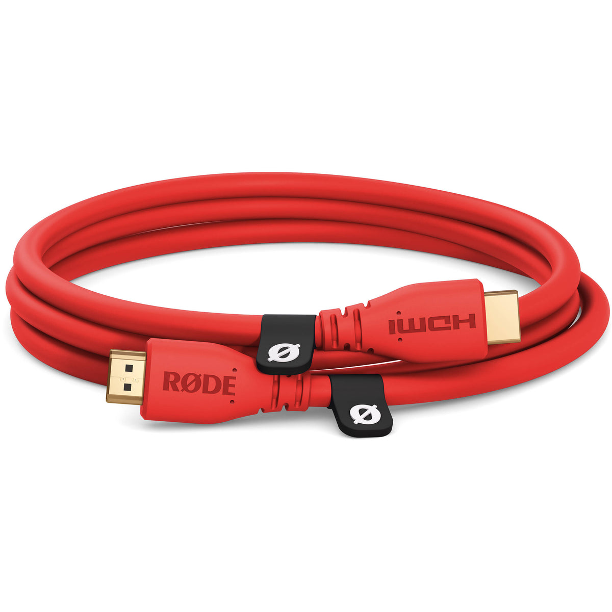 Rode HDMI cable with gold-plated connectors and flexible black rubber insulation, suitable for high-quality audio and video connections.