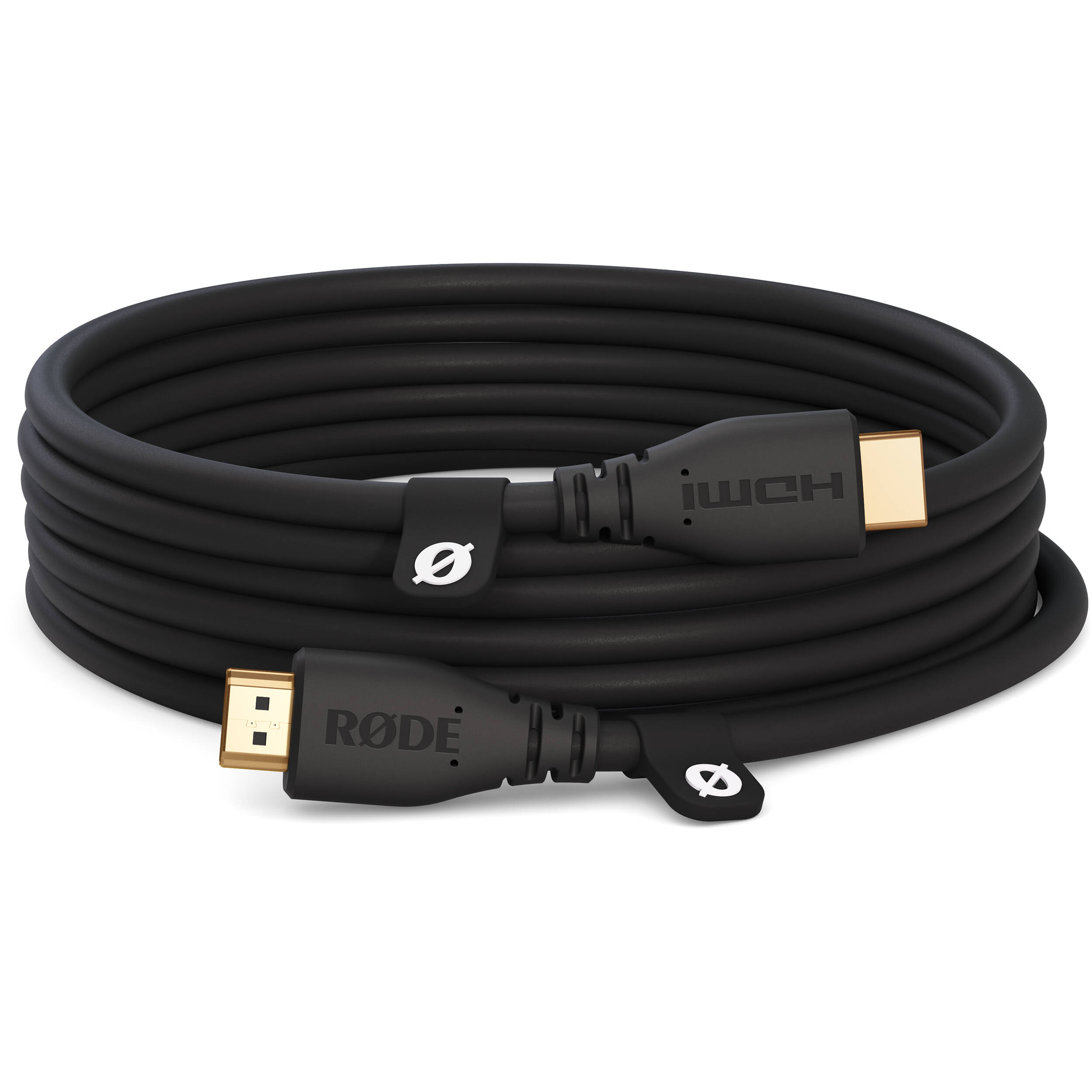 Rode HDMI cable with gold-plated connectors and flexible black cable for high-quality audio and video transmission.