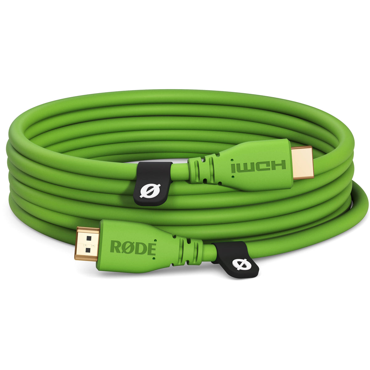 Rode HDMI cable with gold-plated connectors for high-quality audio and video transfer, shown coiled with connectors visible