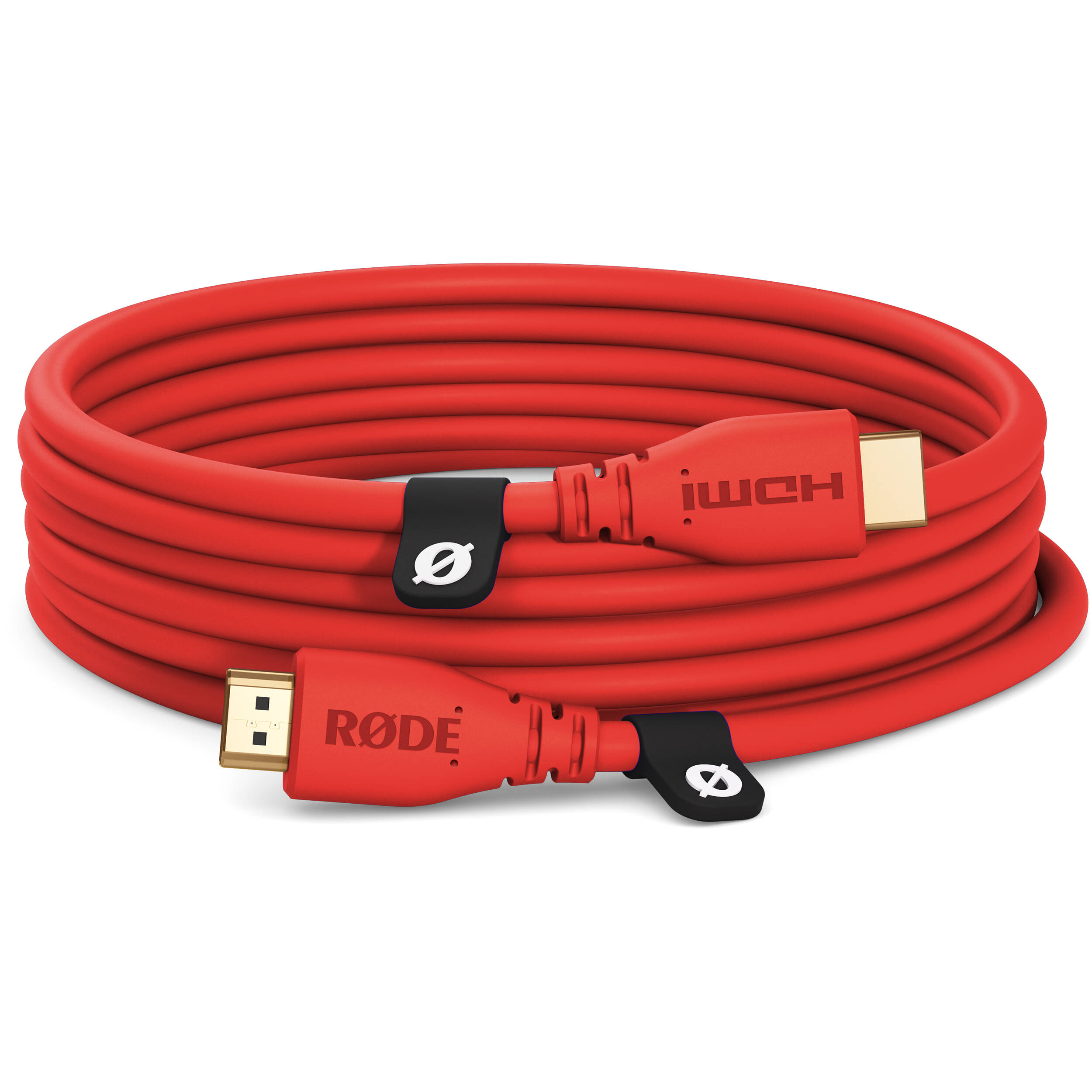 Rode HDMI cable with gold-plated connectors, designed for high-quality video and audio transmission between devices.
