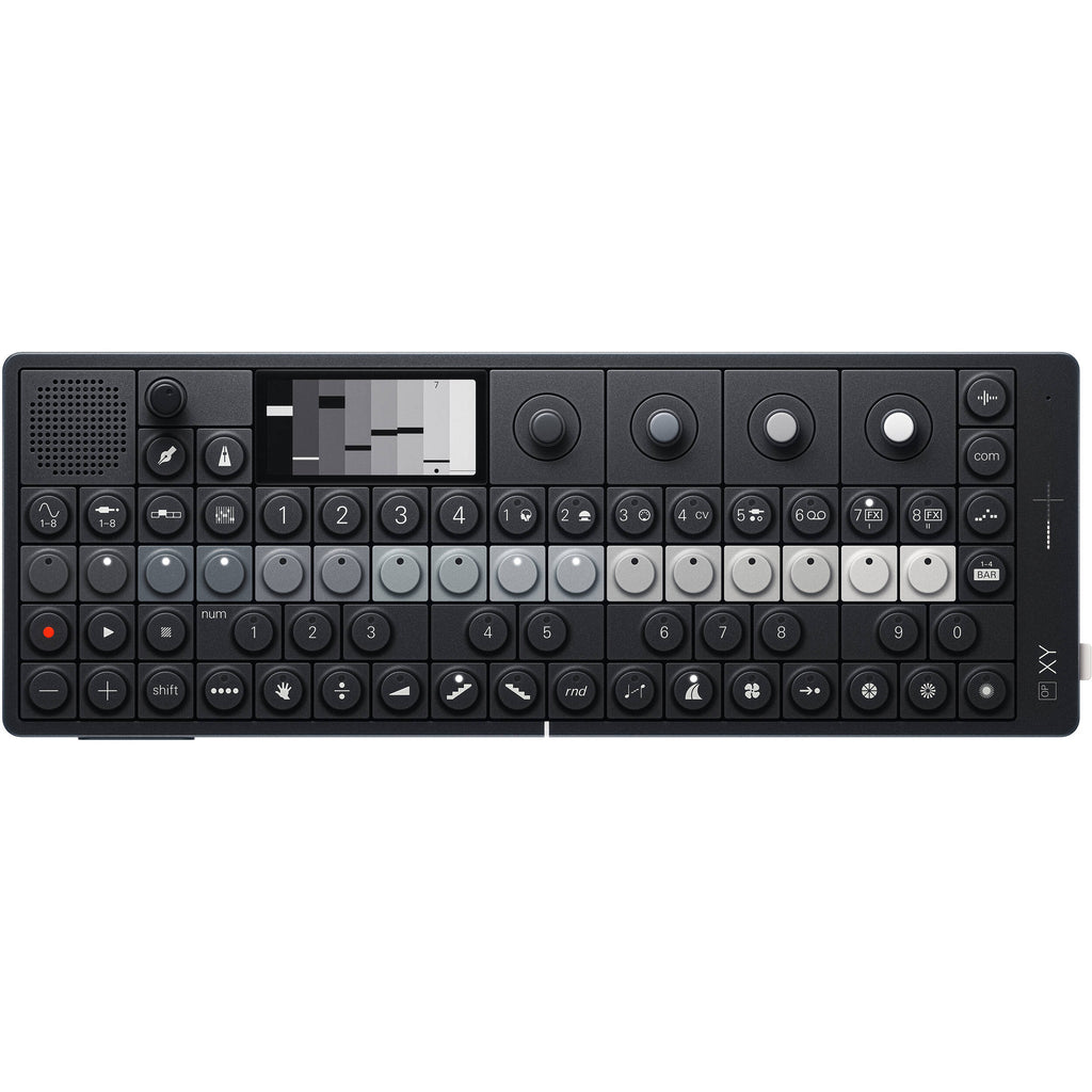 Teenage Engineering OP-XY synthesizer with colorful control knobs and sleek design, front view showing various buttons and sliders.