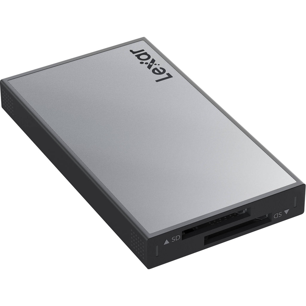 Lexar Workflow dual-slot SD UHS-II card reader with USB connection, designed for fast data transfer and compatible with SD cards.