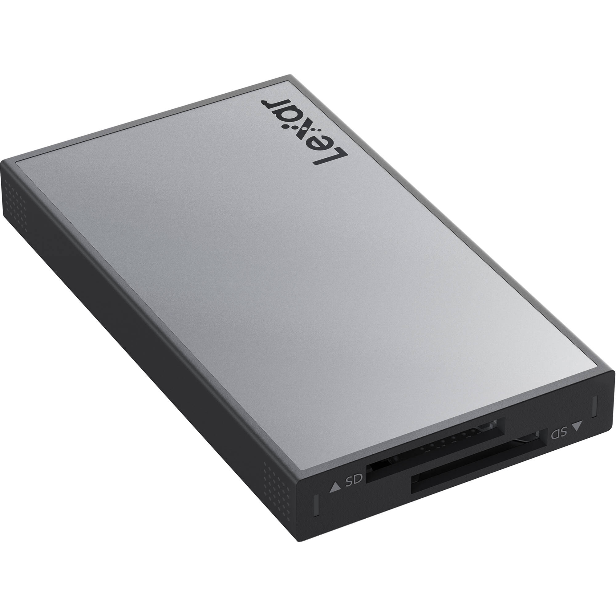 Lexar Workflow dual-slot SD UHS-II card reader with USB connection, designed for fast data transfer and compatible with SD cards.