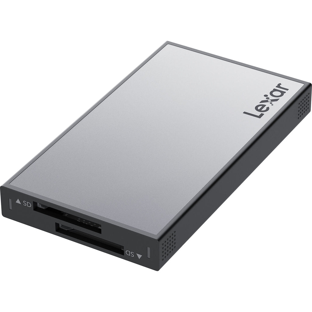 Lexar Workflow Dual-Slot SD UHS-II Card Reader showing two card slots and USB connection for fast data transfer.
