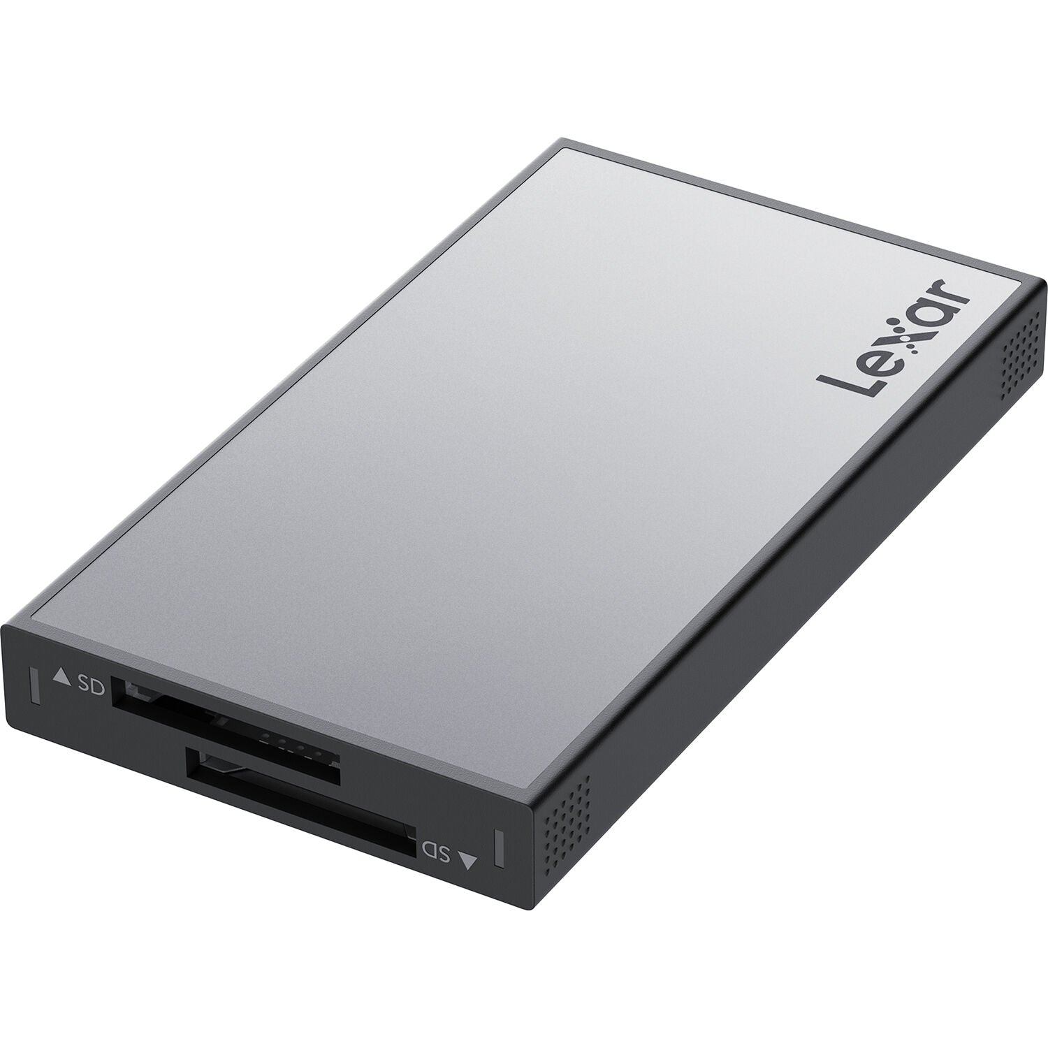 Lexar Workflow Dual-Slot SD UHS-II Card Reader showing two card slots and USB connection for fast data transfer.