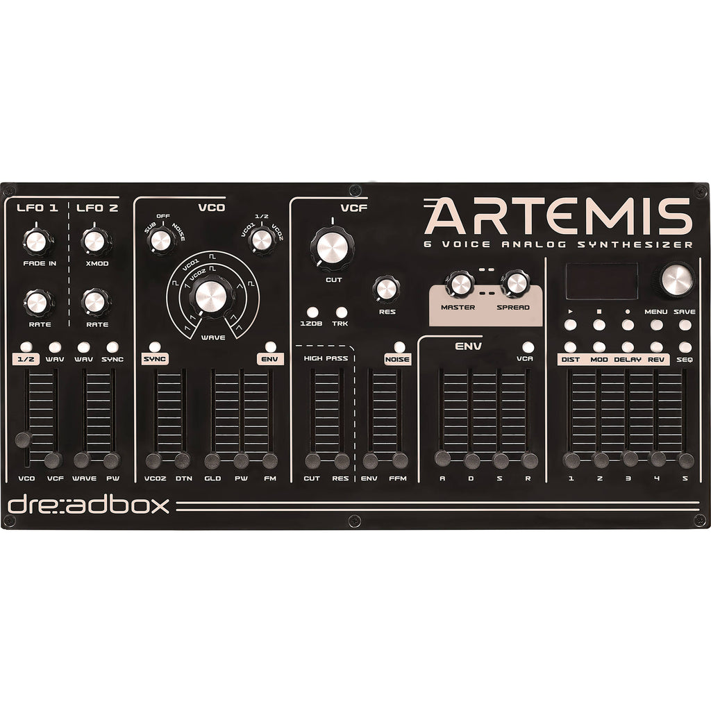 Dreadbox Artemis synthesizer with knobs and buttons, compact electronic music instrument, black and silver design visible in the image.