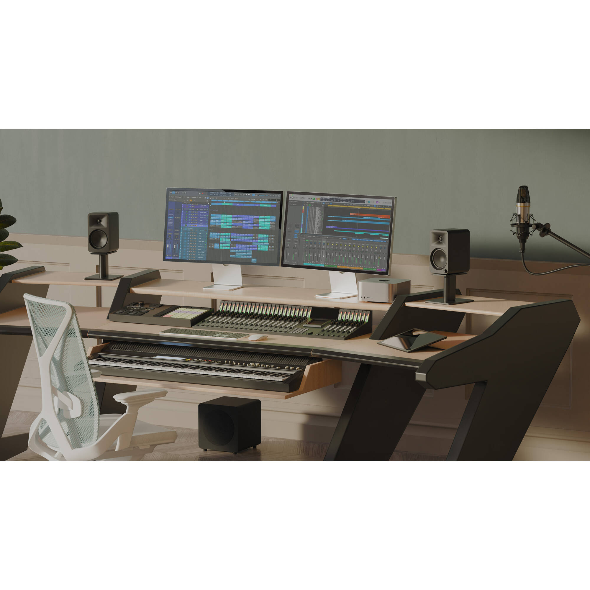 Kanto Audio Ora 4 desktop speakers shown on a desk with electronic devices and a modern workspace setup.