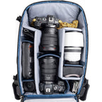 Think Tank DarkLight video equipment bag with padded compartments and adjustable straps for professional camera gear storage.