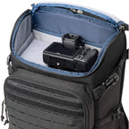 Think Tank DarkLight video equipment bag with padded compartments and adjustable straps for professional camera gear storage.