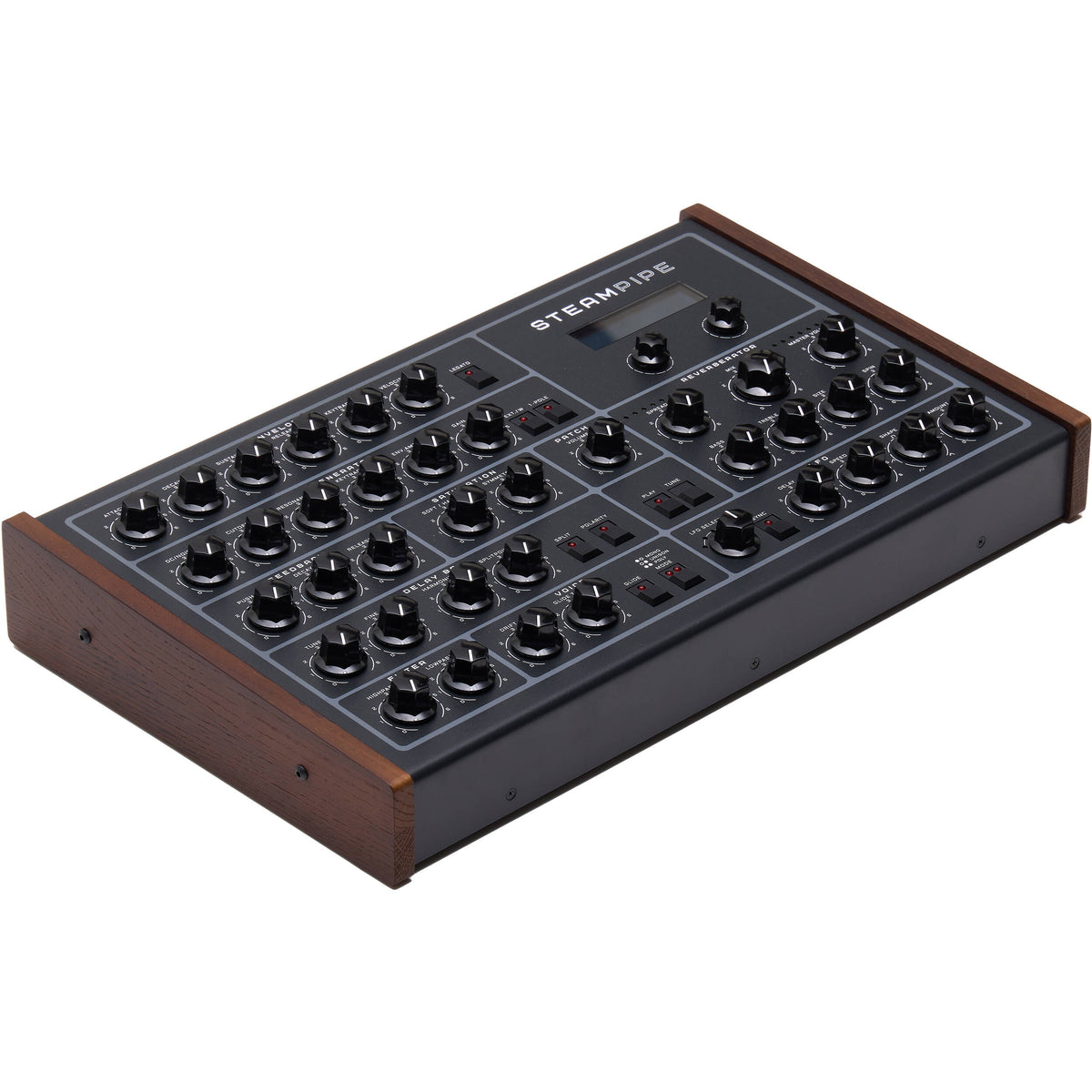 Erica Synths Steampipe desktop synthesizer with multiple knobs and patch points, black panel, and vintage-style design.