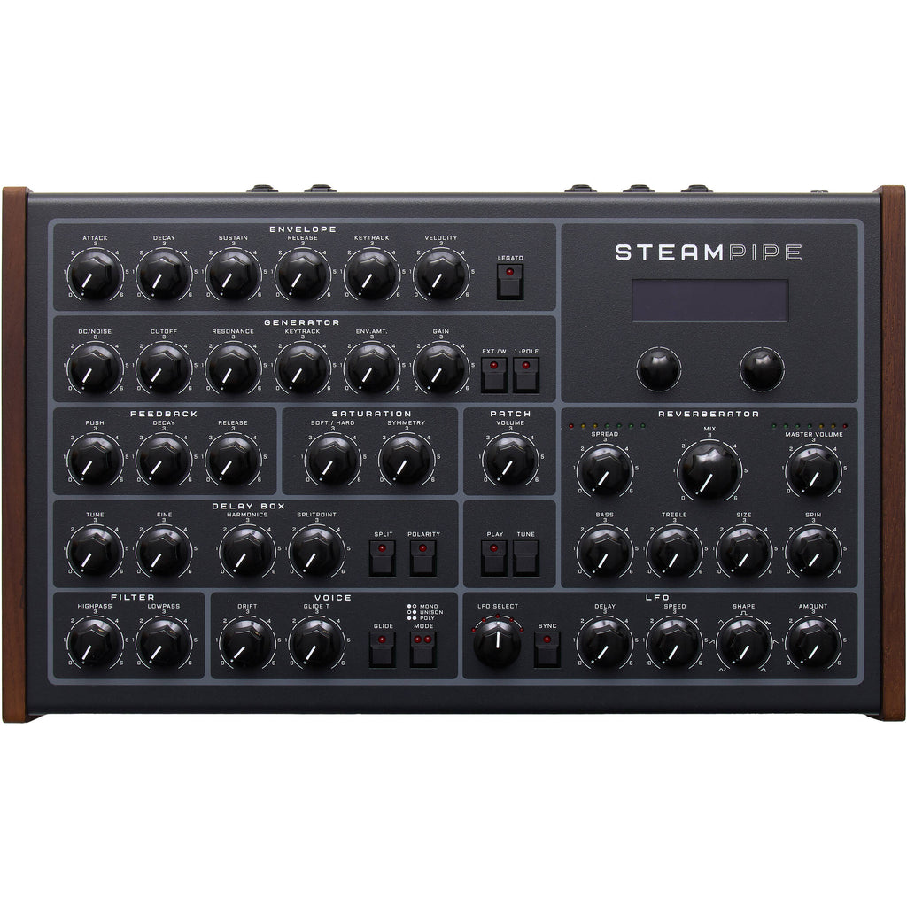 Erica Synths Steampipe desktop synthesizer with multiple knobs, switches, and patch points for modular sound design.