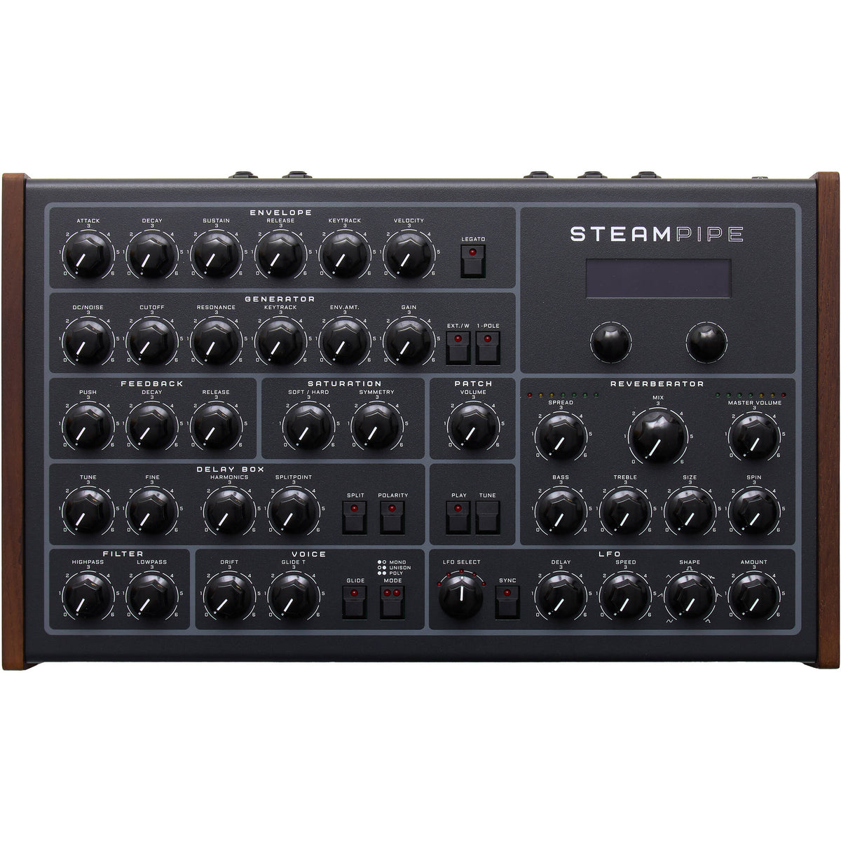 Erica Synths Steampipe desktop synthesizer with multiple knobs, switches, and patch points for modular sound design.