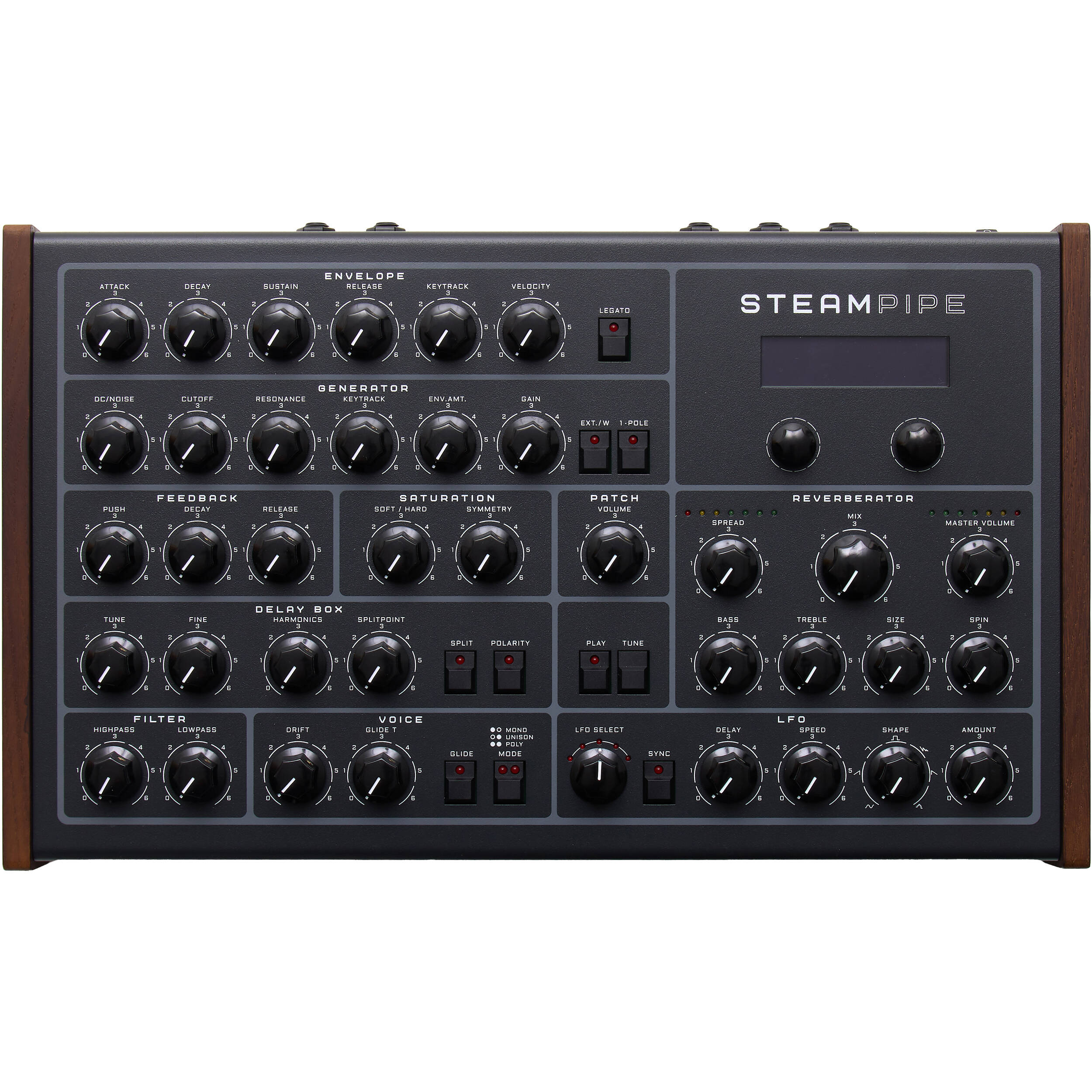Erica Synths Steampipe desktop synthesizer with multiple knobs, switches, and patch points for modular sound design.
