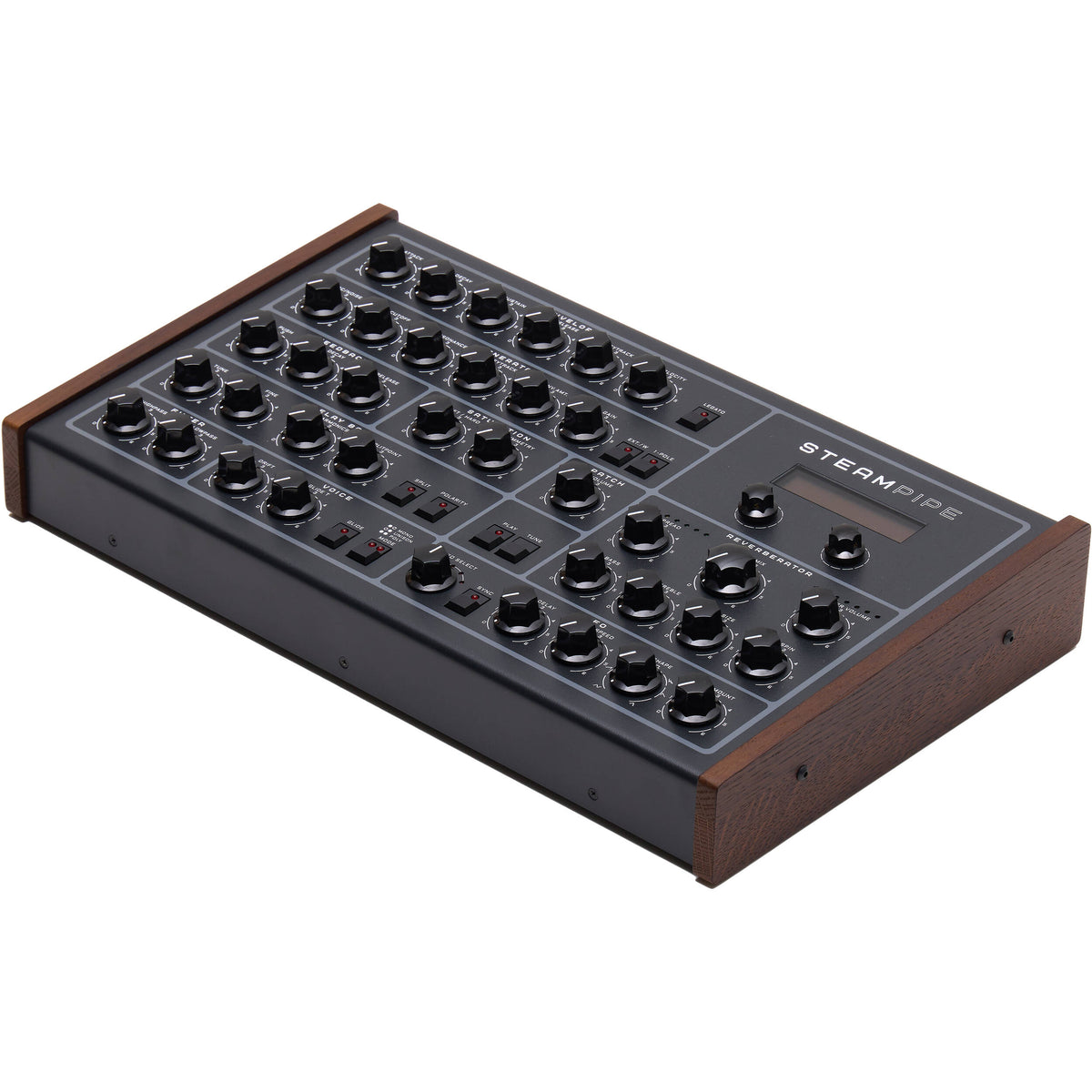 Erica Synths Steampipe desktop synthesizer with multiple knobs and patch points, set against a dark background.