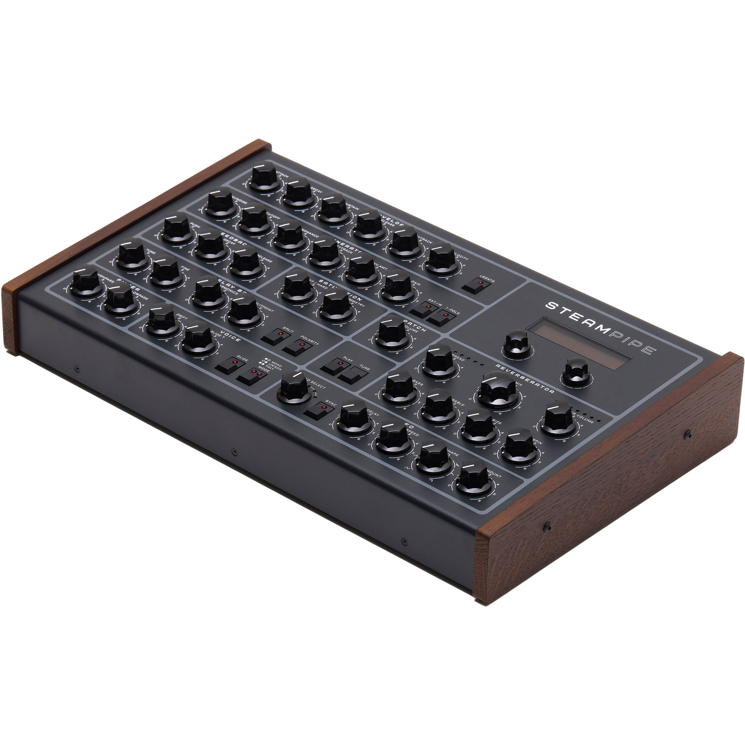 Erica Synths Steampipe desktop synthesizer with multiple knobs and patch points, set against a dark background.