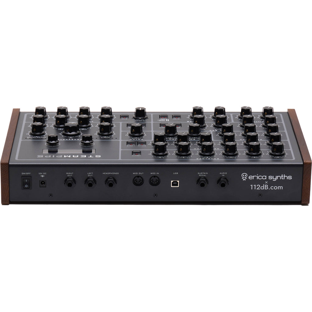 Erica Synths Steampipe desktop synthesizer with knobs, switches, and patch points on a metallic gray panel.