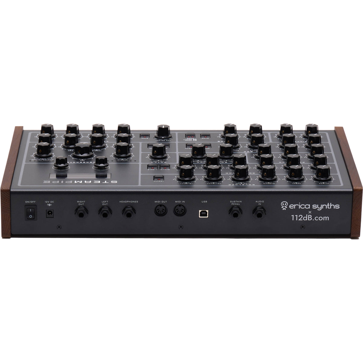 Erica Synths Steampipe desktop synthesizer with knobs, switches, and patch points on a metallic gray panel.