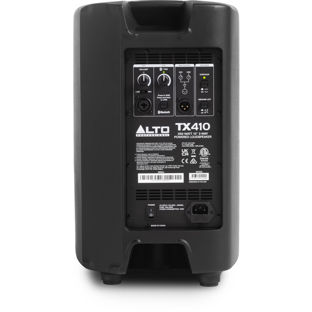 Alto Professional TX410 PA speaker showing a black, rectangular speaker with control panels and handles for portable sound systems.