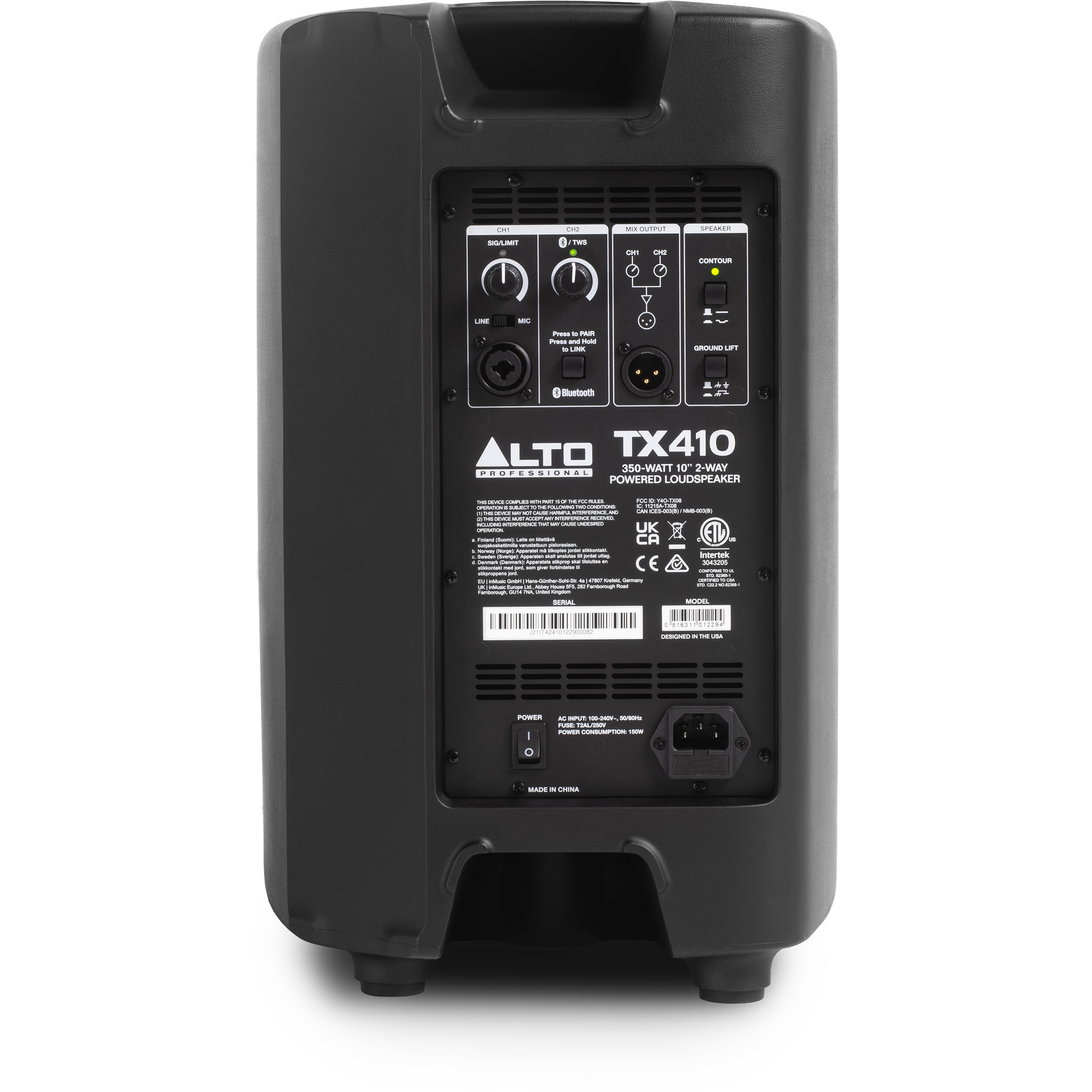 Alto Professional TX410 PA speaker showing a black, rectangular speaker with control panels and handles for portable sound systems.