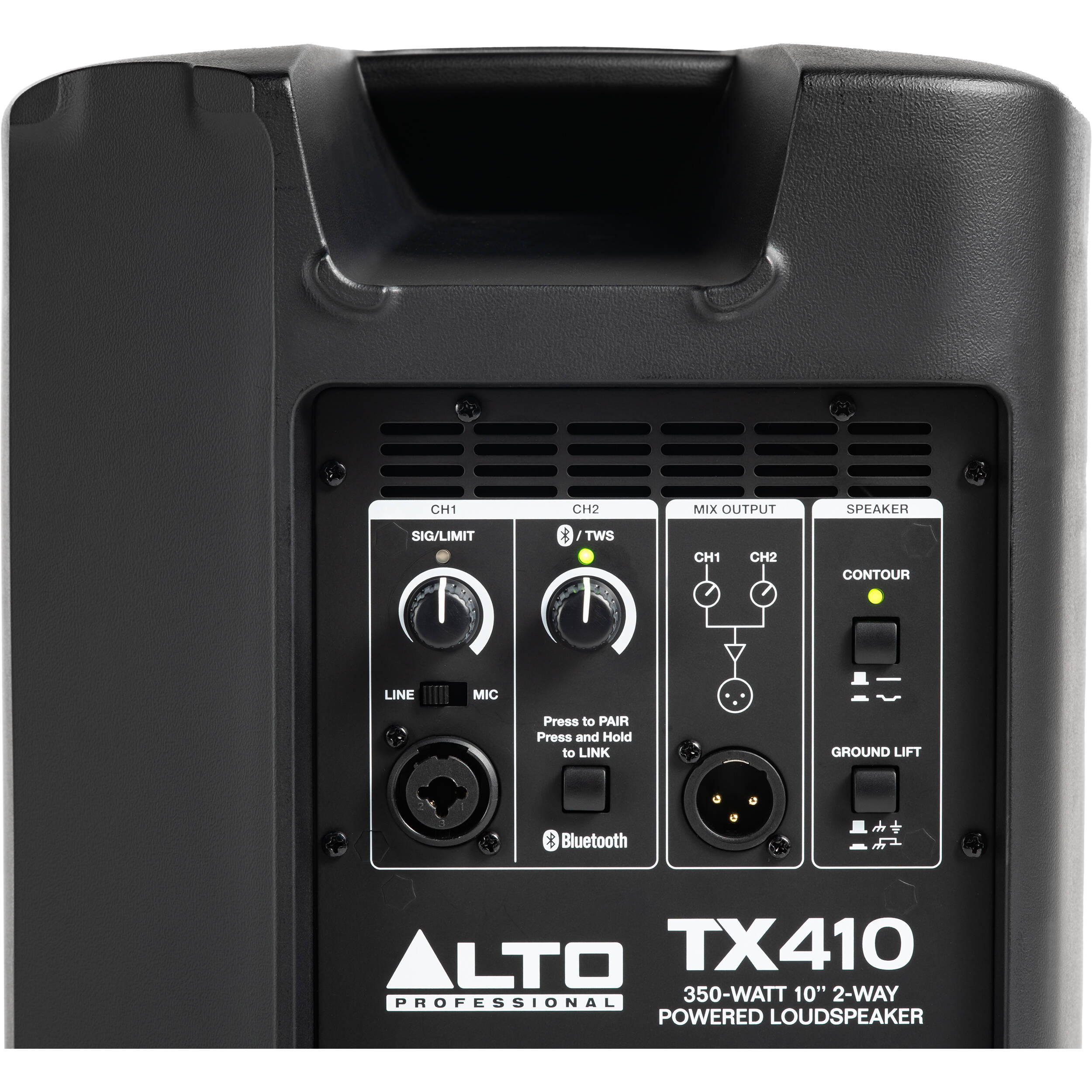 Alto Professional TX410 PA speaker with black enclosure, front grille, and control panel, designed for live sound reinforcement.