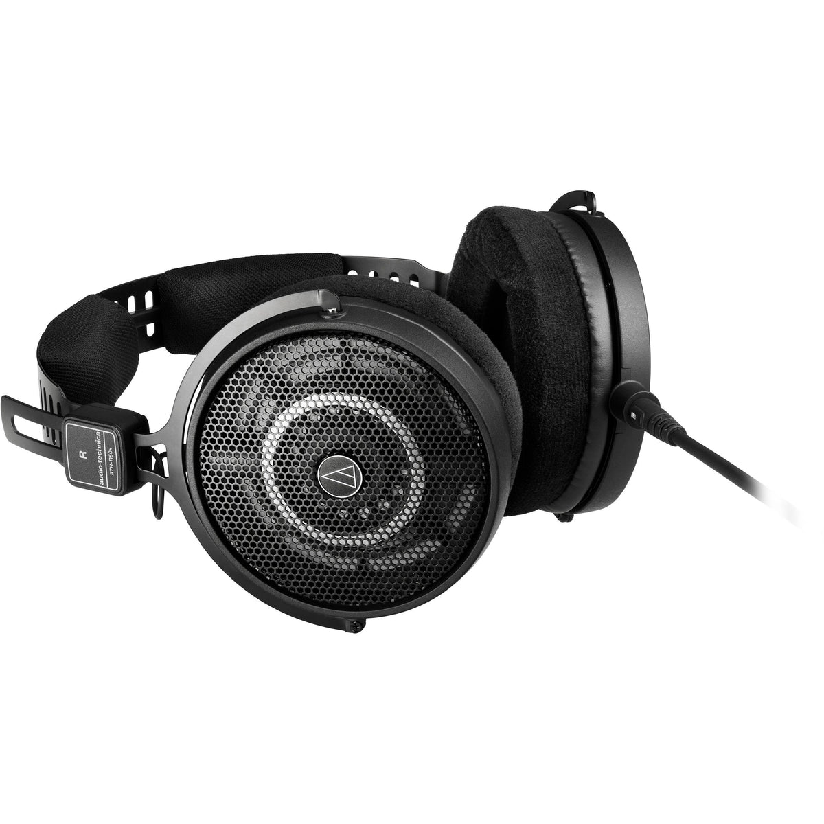 Audio Technica ATH-R50x studio headphones with over-ear design and plush ear cups, ideal for professional audio monitoring.