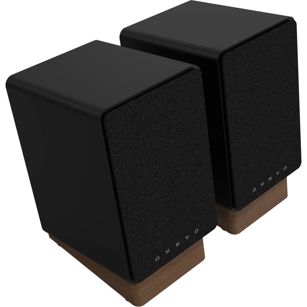 Onkyo GX-30ARC desktop speakers with sleek black design and compact size, ideal for high-quality audio on a computer setup.