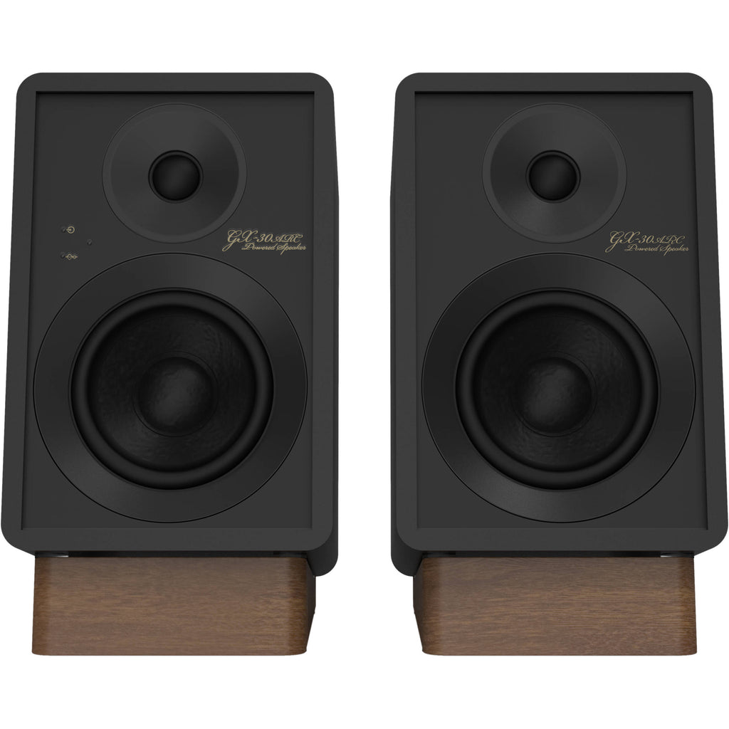 Onkyo GX-30ARC desktop speakers with sleek black design and compact size, featuring front-facing audio ports and controls.
