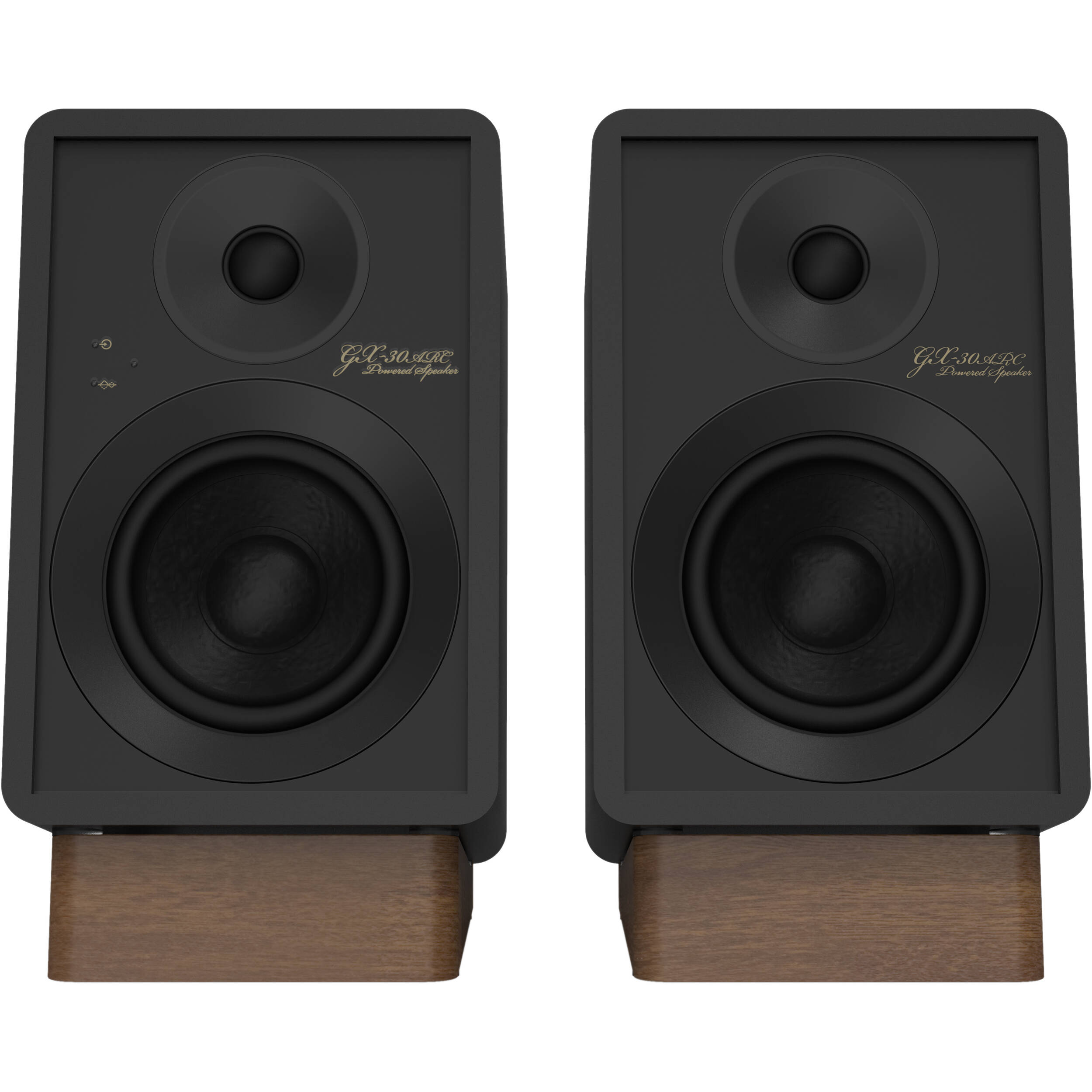 Onkyo GX-30ARC desktop speakers with sleek black design and compact size, featuring front-facing audio ports and controls.