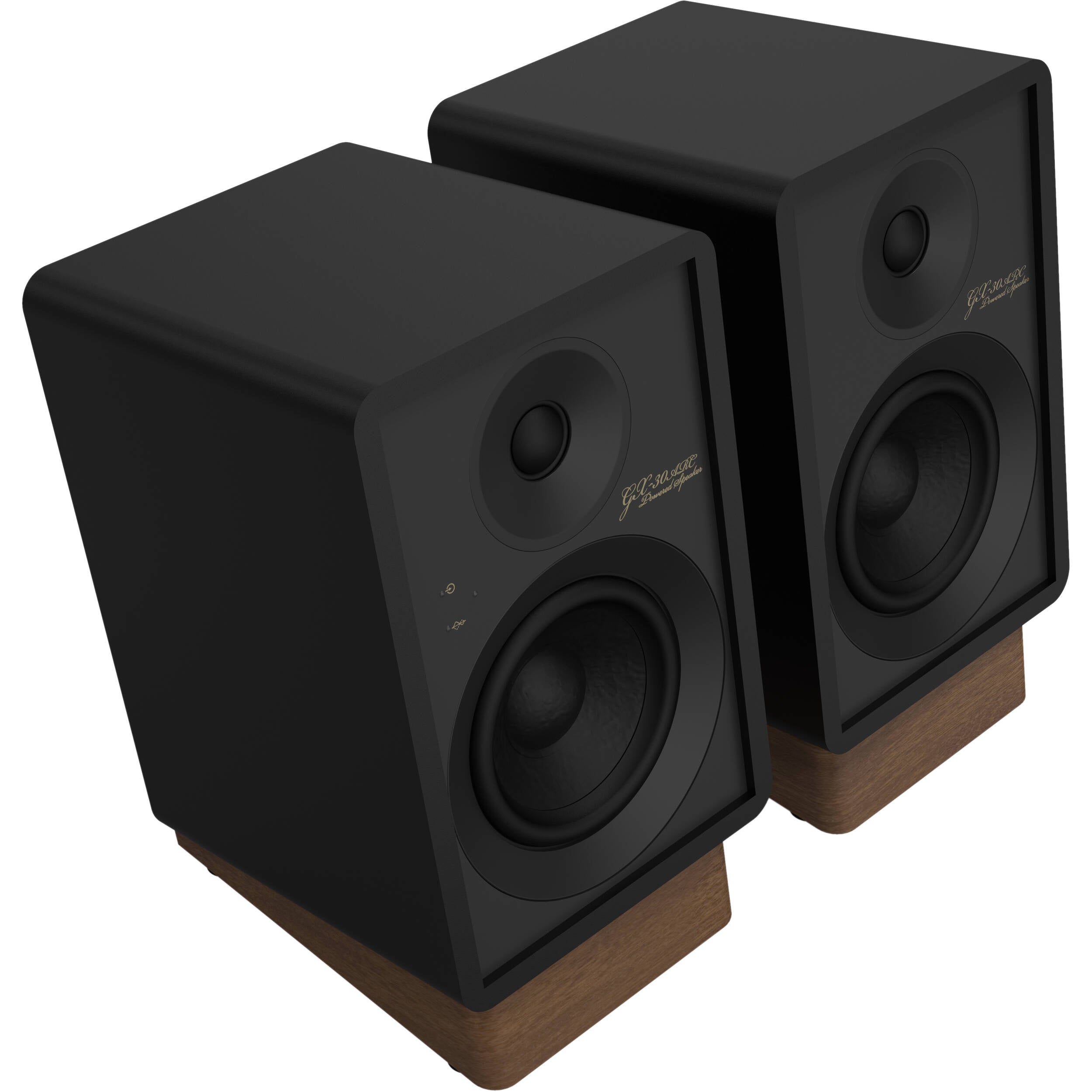 Onkyo GX-30ARC desktop speakers set with sleek black design and audio ports, ideal for high-quality computer or home audio.
