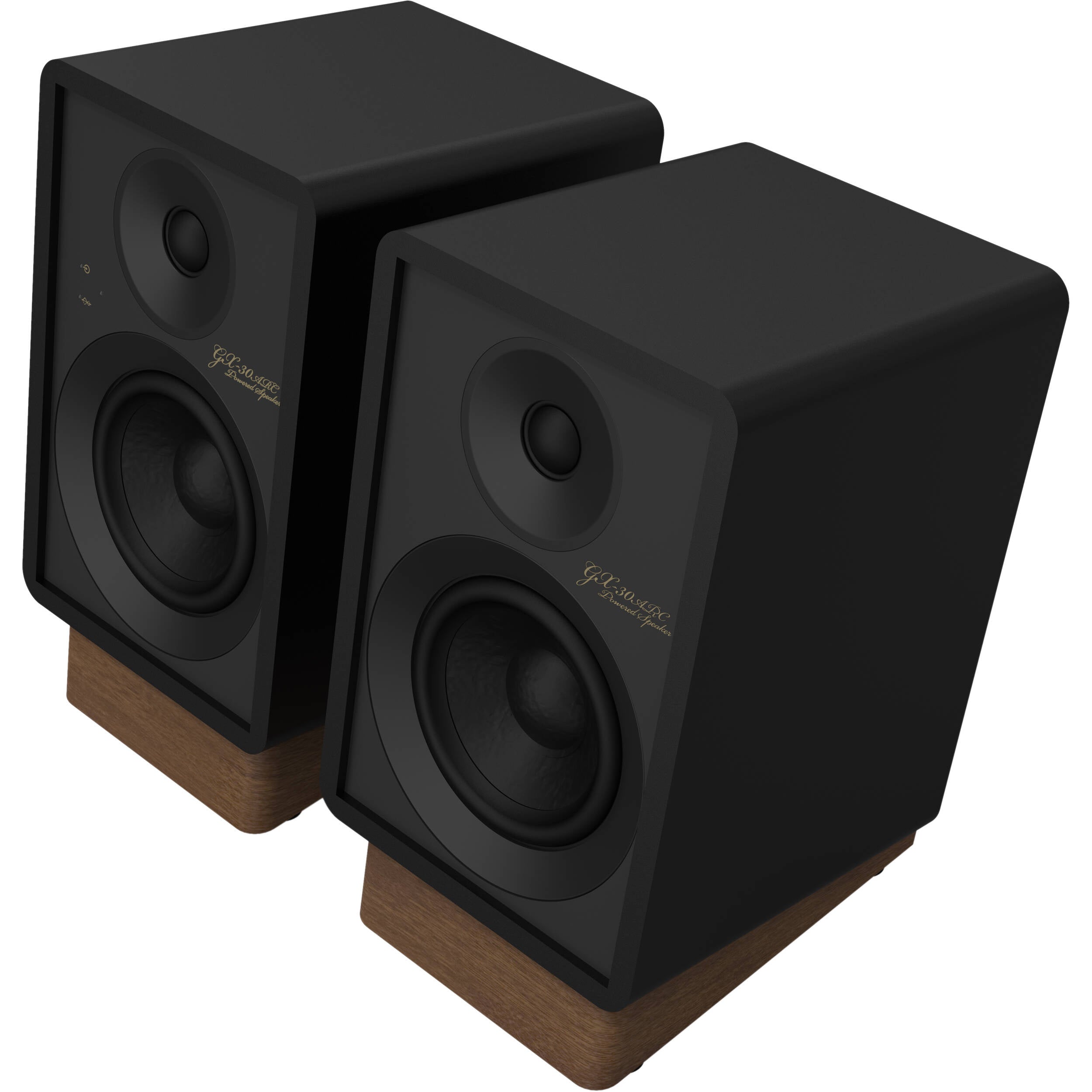 Onkyo GX-30ARC desktop speakers with sleek black design and audio ports visible, ideal for high-quality computer audio setup.