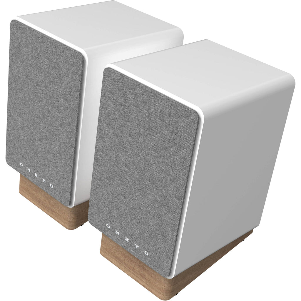 Onkyo GX-30ARC desktop speakers with sleek black design, featuring compact speaker units and control knobs on the front.