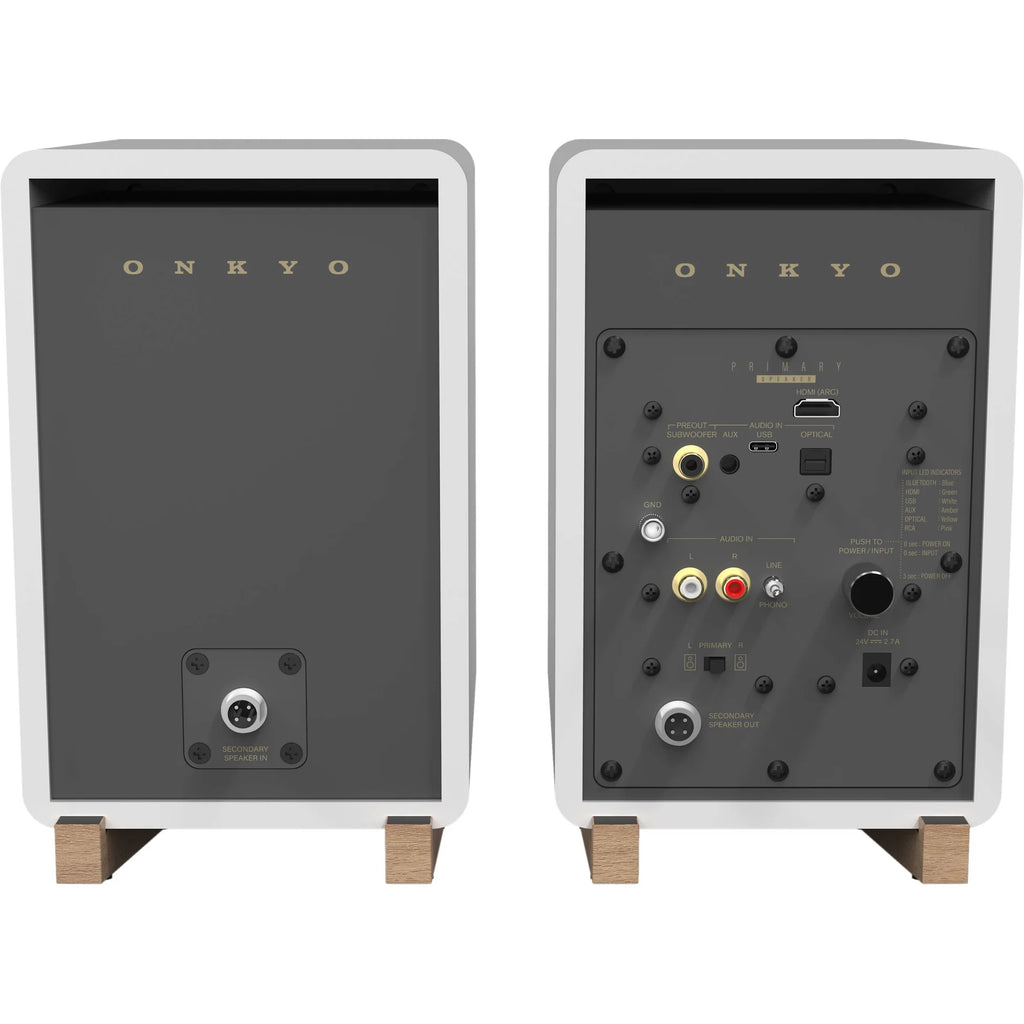 Onkyo GX-30ARC desktop speakers with sleek black design and connected audio cables, intended for high-quality computer sound.