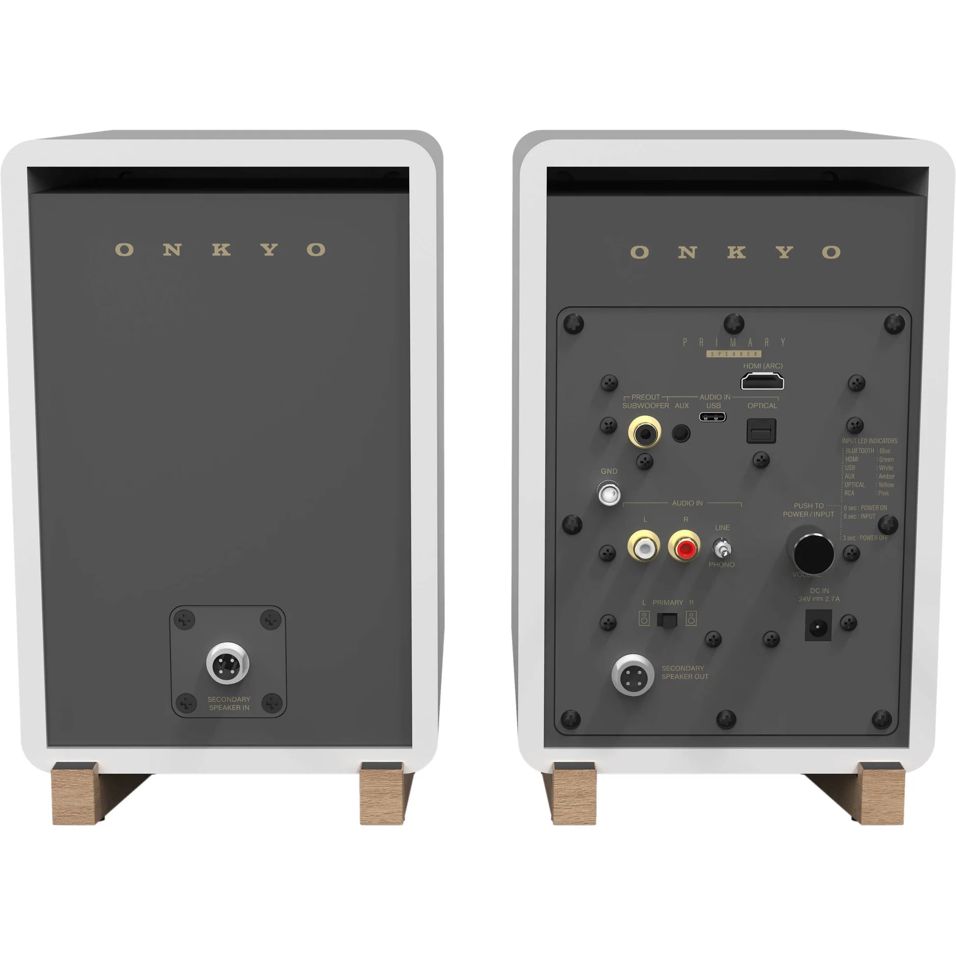 Onkyo GX-30ARC desktop speakers with sleek black design and connected audio cables, intended for high-quality computer sound.