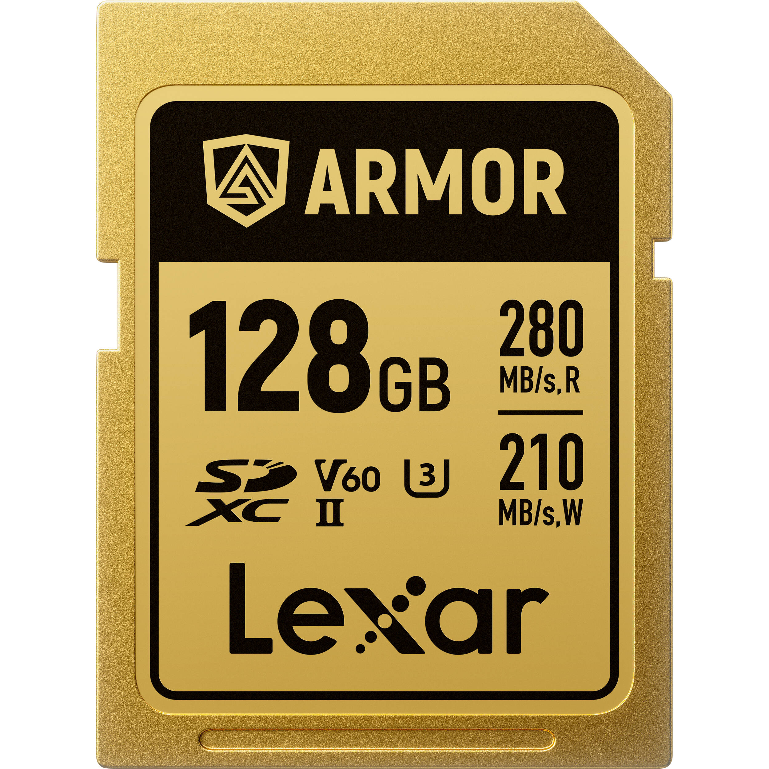 Lexar SDXC ARMOR Gold UHS-II U3 memory card with stainless steel body, IP68 water and dust resistance, V60 video speed class