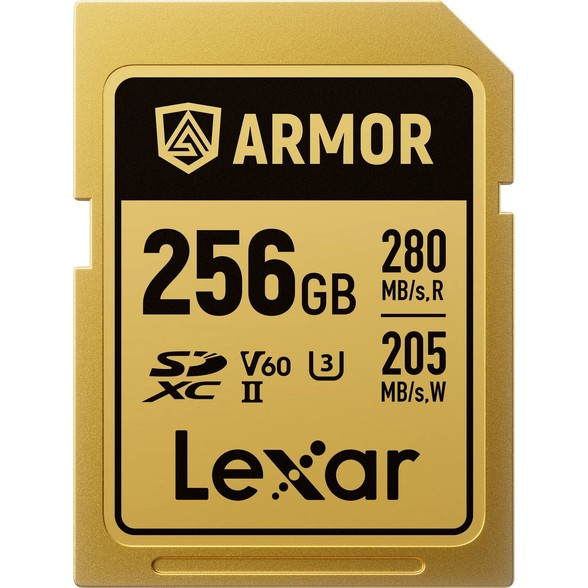 Lexar SDXC Armor Gold UHS-II U3 memory card with stainless steel body, IP68 waterproof rating, and high-speed V60 performance.