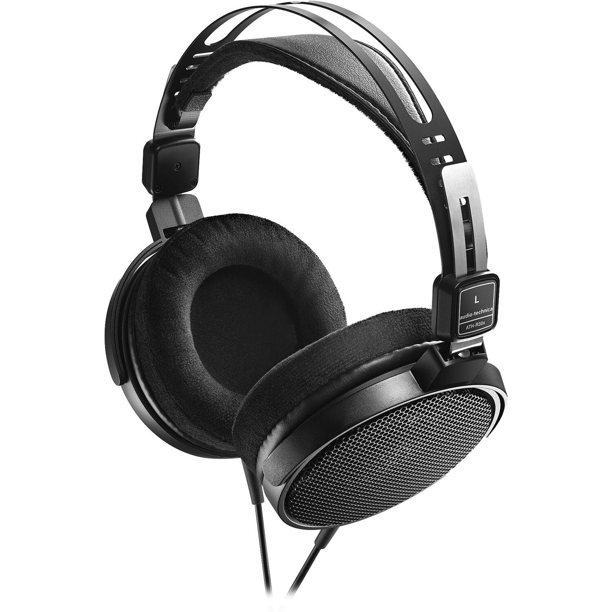 Audio Technica ATH-R30x studio headphones with over-ear design and black finish, showing the comfortable padded ear cups.