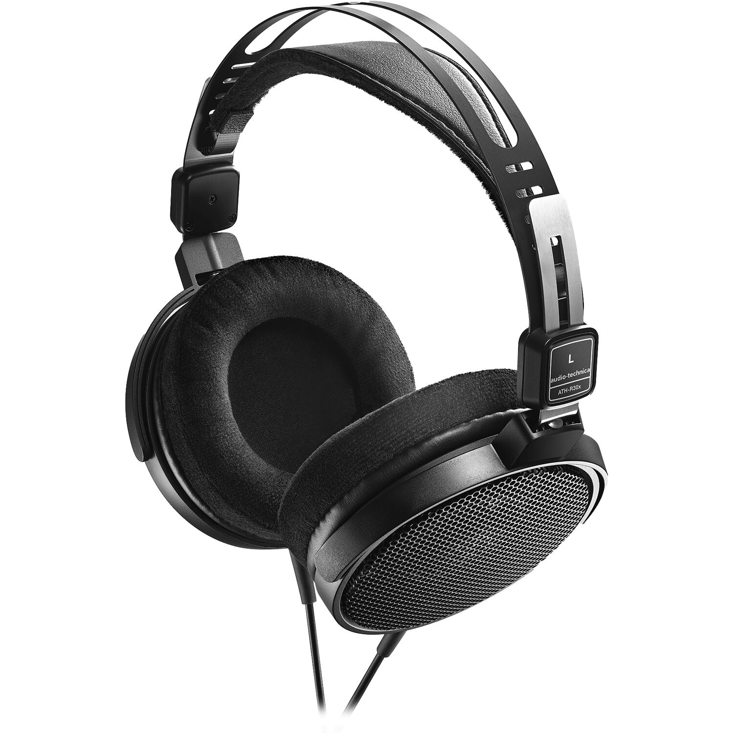 Audio Technica ATH-R30x studio headphones with over-ear design and black finish, showing the comfortable padded ear cups.