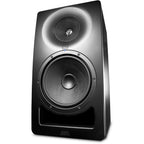 Kali Audio SM-8 active nearfield monitors shown in a studio setup with black speaker cabinets and audio cables.