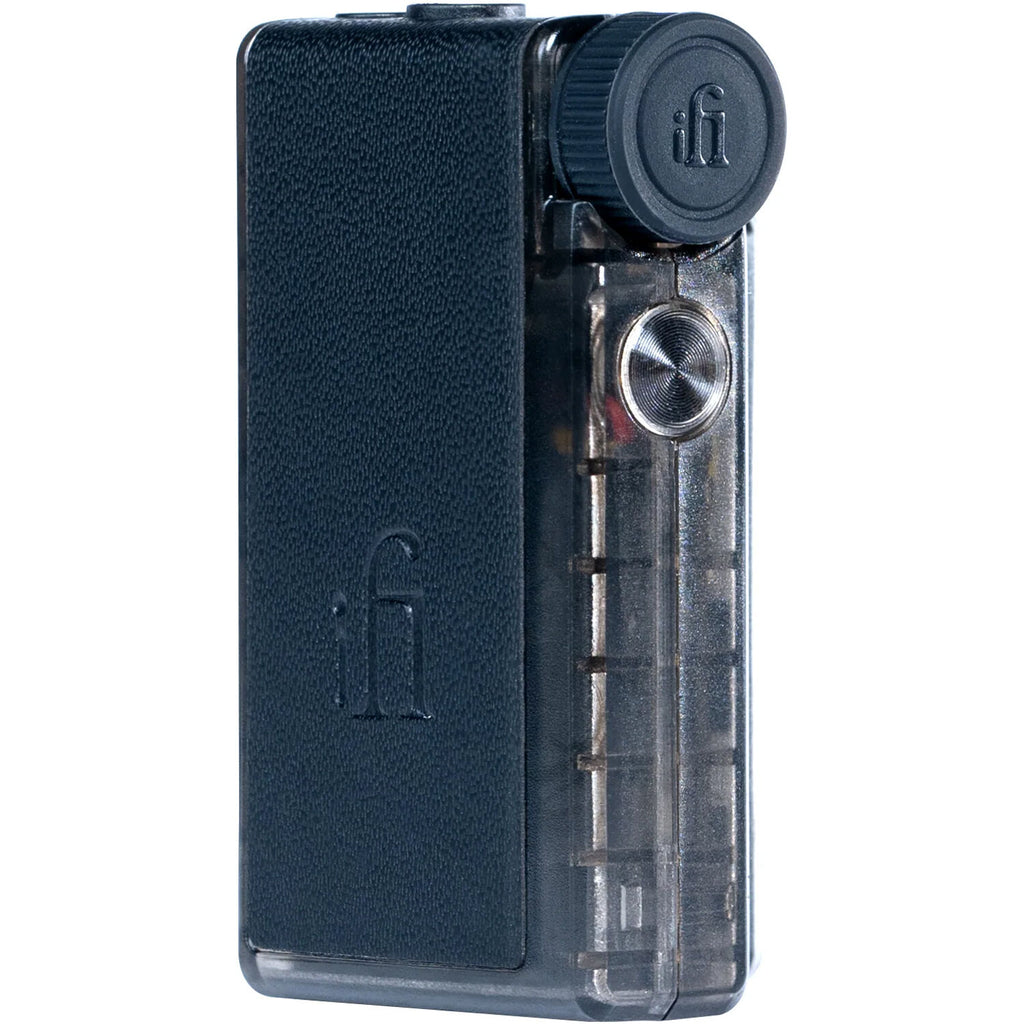 iFi Audio Go Blu Air headphone amplifier and DAC, compact black device with controls and ports for high-quality audio.