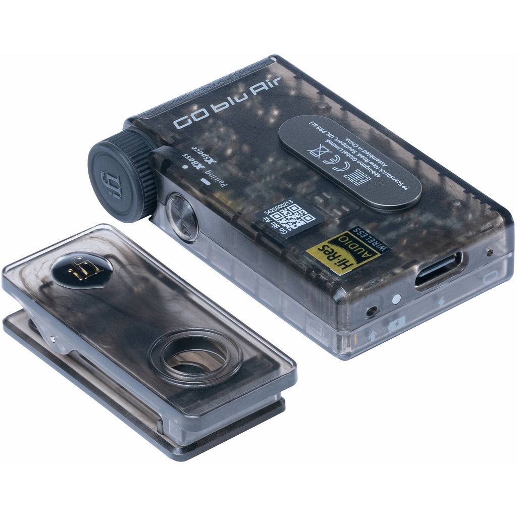 iFi Audio Go Blu Air headphone amplifier and DAC, compact black device with control buttons and ports for high-quality audio.
