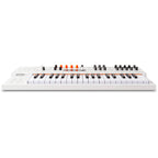Arturia MiniFreak synthesizer with built-in vocoder, featuring a sleek black design and control knobs on the front panel.