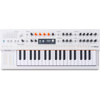 Arturia MiniFreak synthesizer with vocoder featuring a compact keyboard, control knobs, and digital display on a sleek black design.