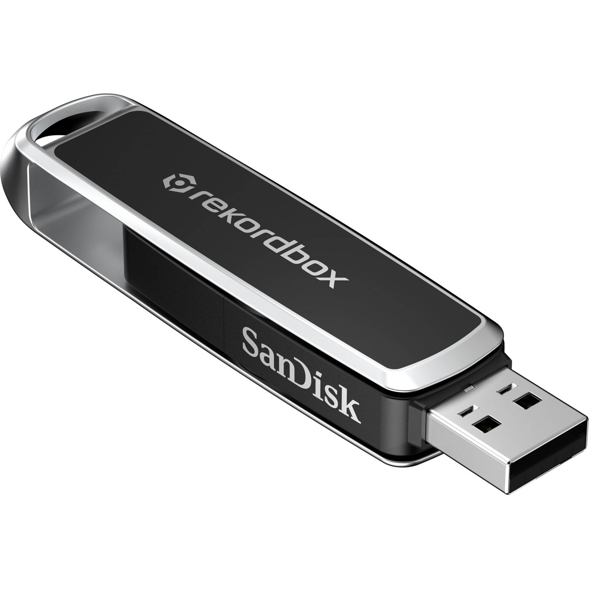 AlphaTheta SanDisk 1TB USB flash drive showing a sleek black design with the SanDisk logo and compact size.
