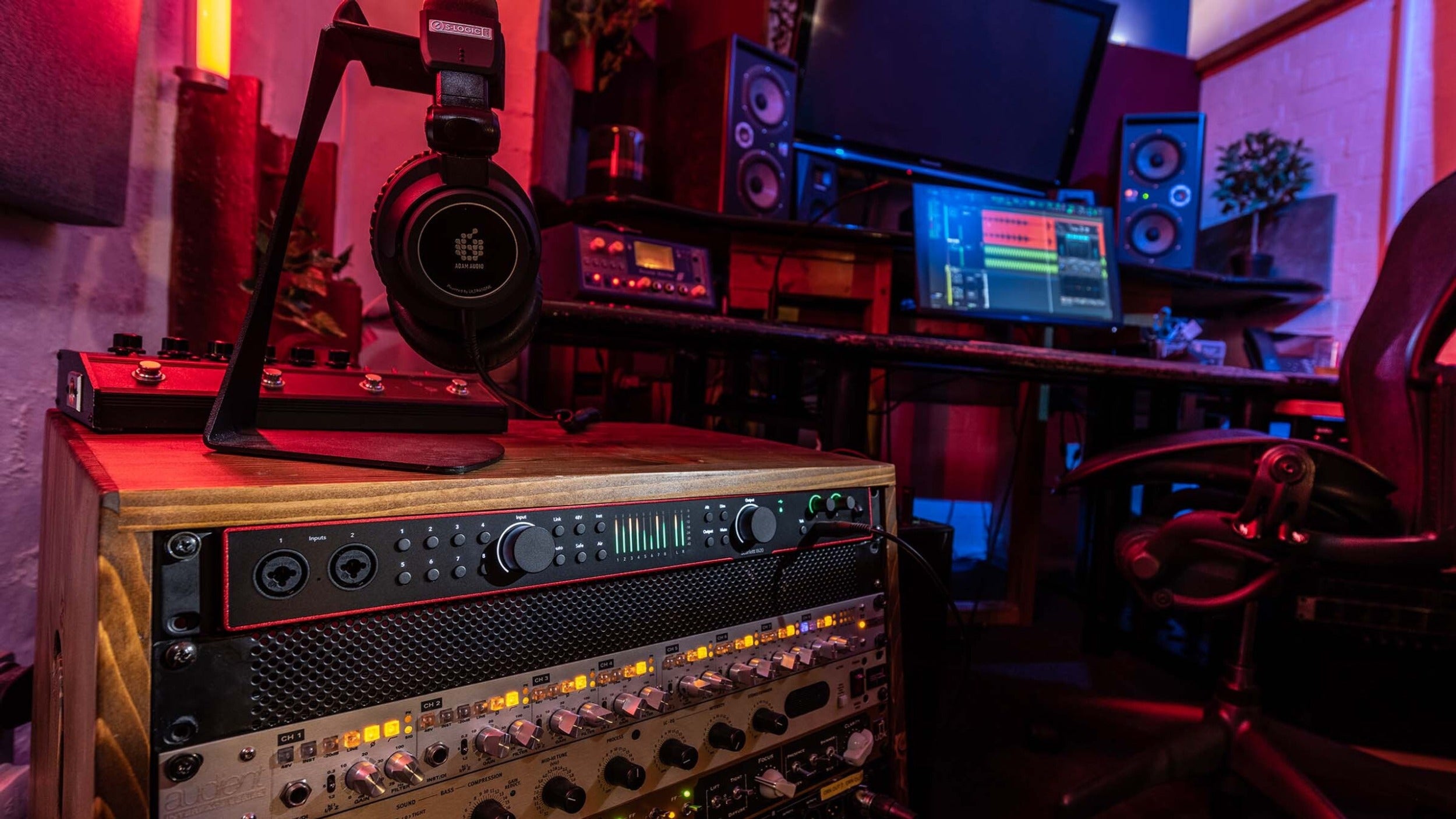 Focusrite Scarlett 18i20 4th Gen audio interface with multiple input and output ports, compact design, and professional audio quality.