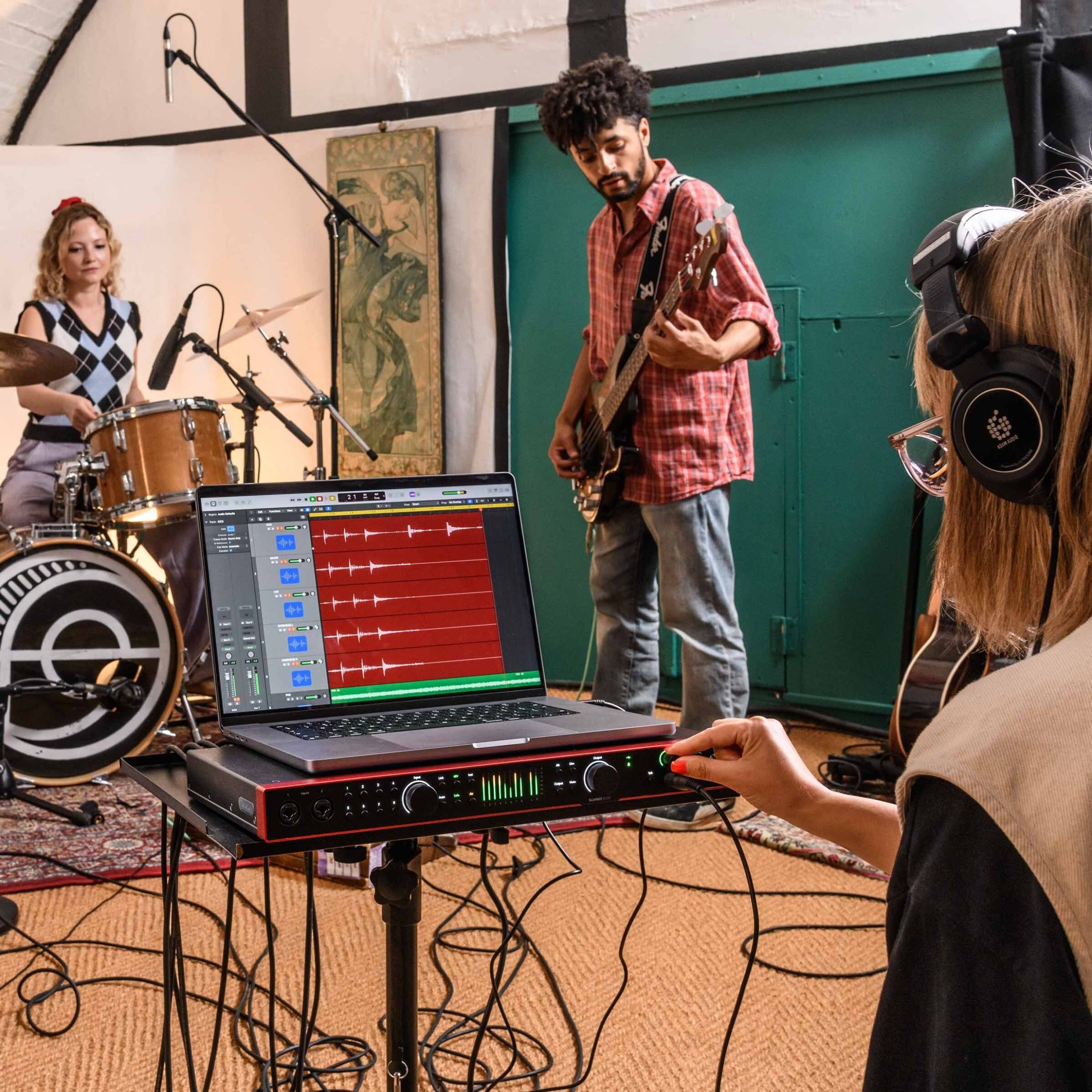 Focusrite Scarlett 18i20 4th Gen audio interface with multiple input and output ports, compact black design, and professional audio setup