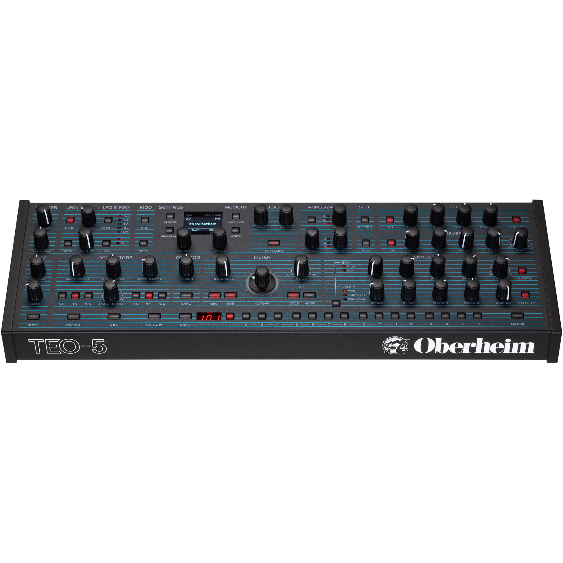 Oberheim TEO-5 desktop synthesizer with control knobs and display, compact electronic music instrument for studio use.